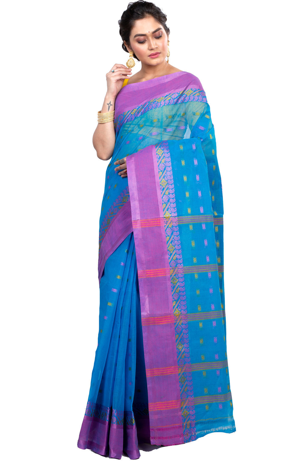 Sky Blue Pure Cotton ToraPar Tant Saree (881)